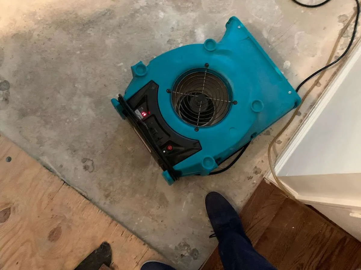 Air mover drying subfloor during Leak Detection & Repair in Wailea